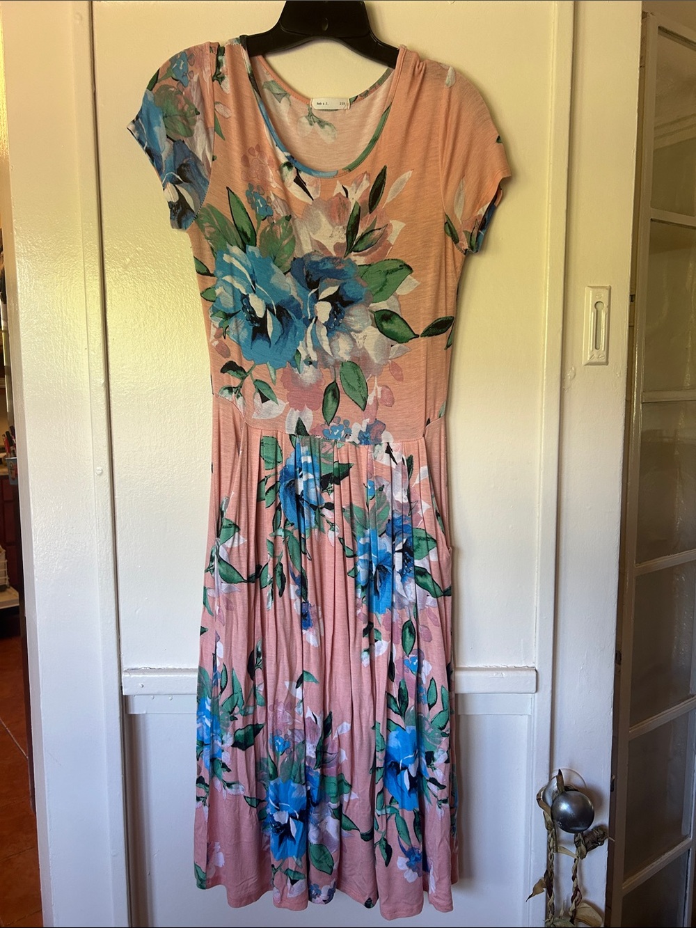 Peach Floral Midi Dress with Blue Bloom Print
